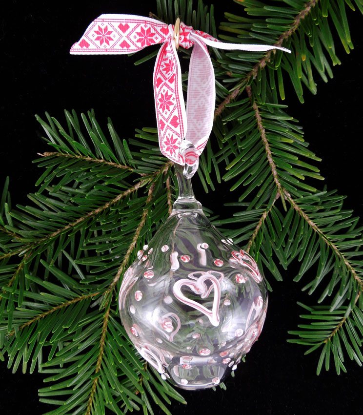 glass bauble with red and white hearts and dots