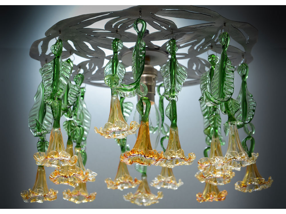 handmade glass chandelier with amber flowers