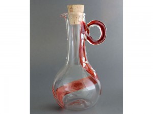 Hand blown glass oil jug in red with handle