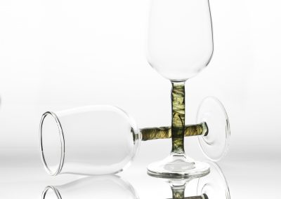 Hand blown wine glasses, green/blue stem